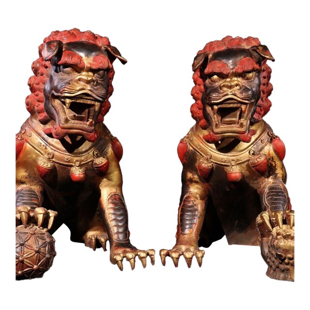 Monumental Pair of Vintage Gilt Bronze & Cinnabar Guardian Lions – Large Temple Foo Dogs For Sale