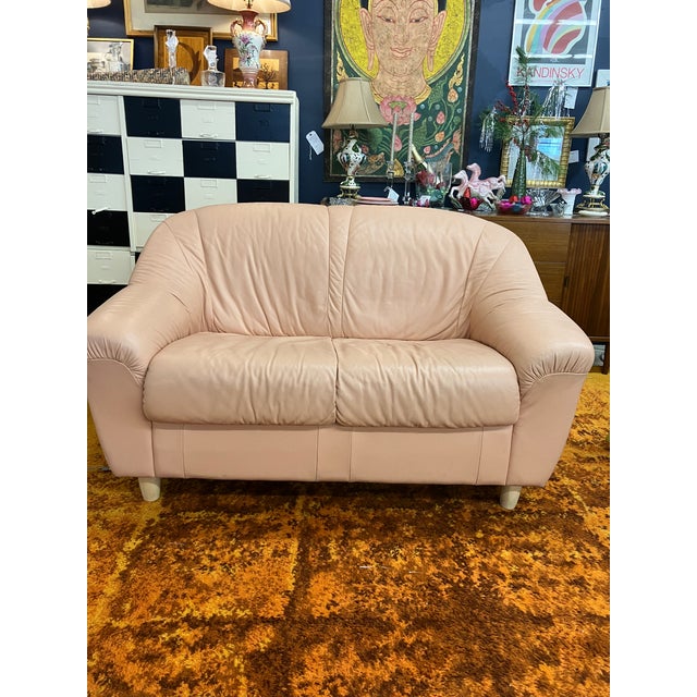 1980's 100% Leather Made in Italy Overstuffed Peach Loveseat, Pale Pink W Light Birch Legs For Sale - Image 4 of 9