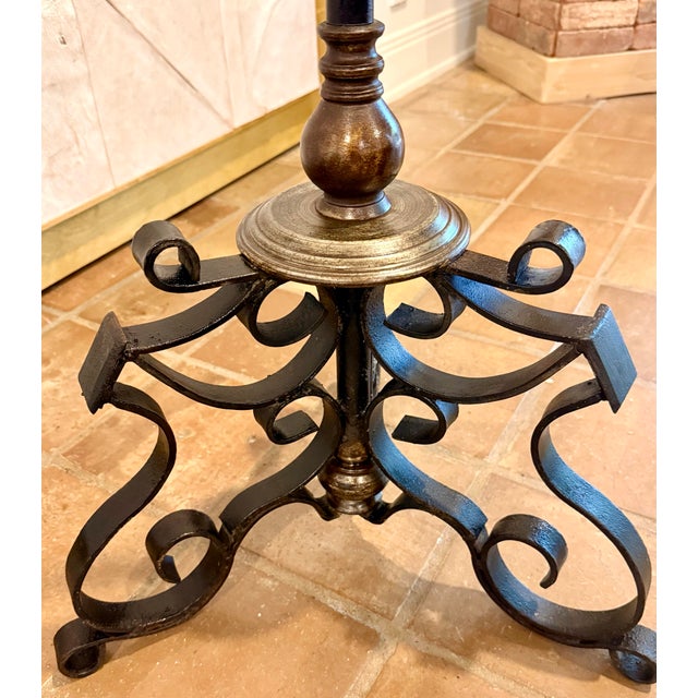 Black 1940’s Heavy Vintage Spanish Revival Tripod Floor Lamp With Ornate, Hand-Forged Wrought Iron & Bronze Scrollwork For Sale - Image 8 of 12