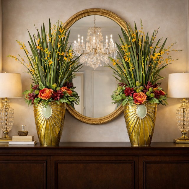 Late 20th Century Late 20th Century Pair of Large John-Richard Hollywood Regency Gilt Decorative Vases With Botanical Arrangements For Sale - Image 5 of 12