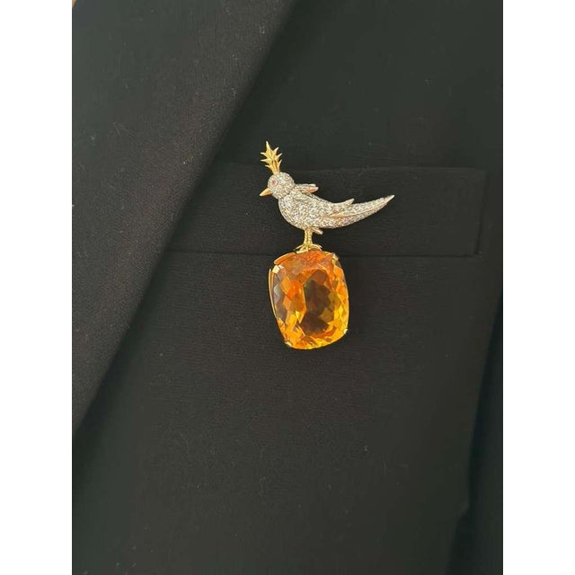 Tiffany & Co. Schlumberger Citrine Bird on a Rock Diamond 18k Gold & Platinum Pin Brooch For Sale - Image 10 of 13