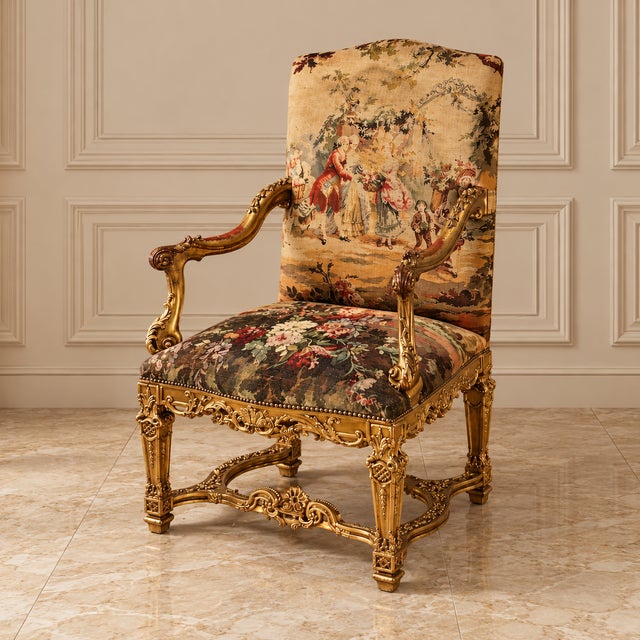 A striking statement chair with a richly decorative damask-style tapestry upholstery featuring a romantic pastoral scene...