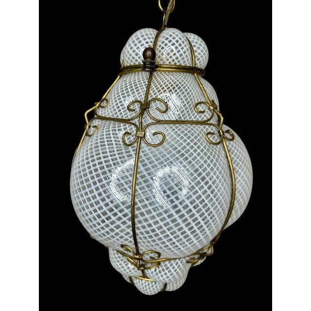 Pair of Caged Venetian Lantern in Murano Reticello Glass, 1940s For Sale In Raleigh - Image 6 of 12