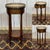 Round cherry wood side table with marble top from the 70s. H=73cm, Diam=35.5cm.
