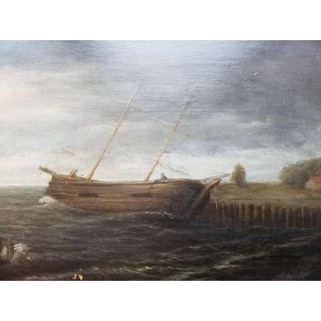 Flemish School Coastal Marine Scene, Fishermen Hauling a Boat Ashore, Early 18th Century, Oil on Oak Panel For Sale - Image 4 of 12