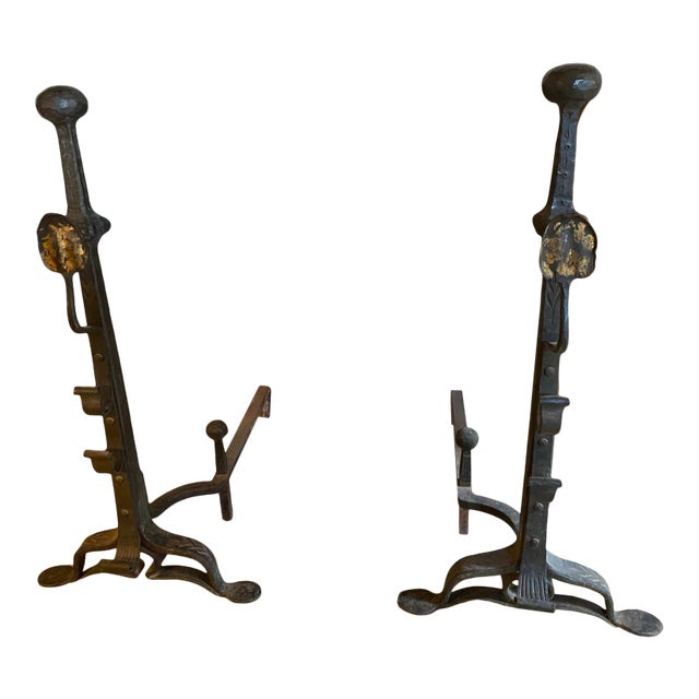 Antique 19th Century Large Hand Forged Iron Andirons - a Pair For Sale