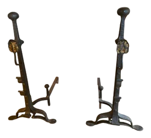 Antique 19th Century Large Hand Forged Iron Andirons - a Pair