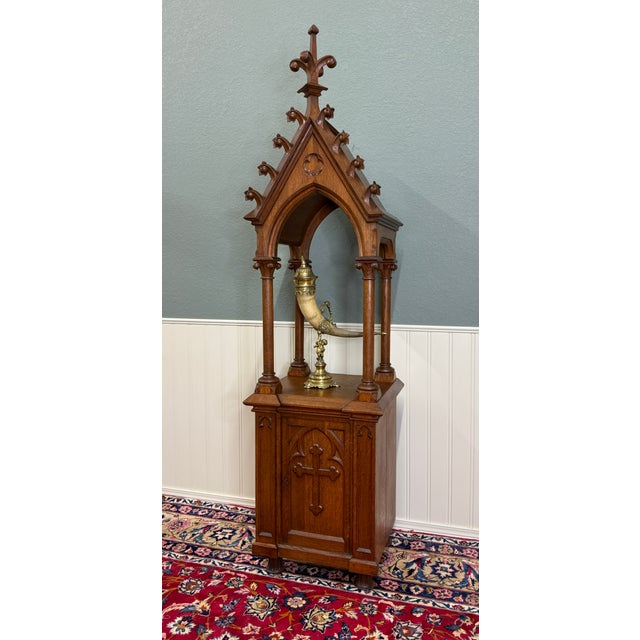 Gothic Antique French Gothic Revival Statuary Niche Cabinet Pedestal Altar Oak Late 19c For Sale - Image 3 of 18