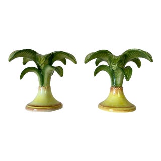 1990s Vietri Italian Palm Tree Ceramic Candlestick Holder - a Pair For Sale