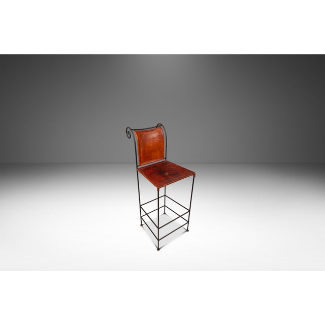 Animal Skin Set of Two (2) Counter Height Wrought Iron Spanish Hacienda Barstools With Hand-Worked Full Grain Leather, C. 1960s For Sale - Image 7 of 18