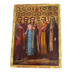 19th Century Russian Icon of Five Saints and the Mother of God 9" H