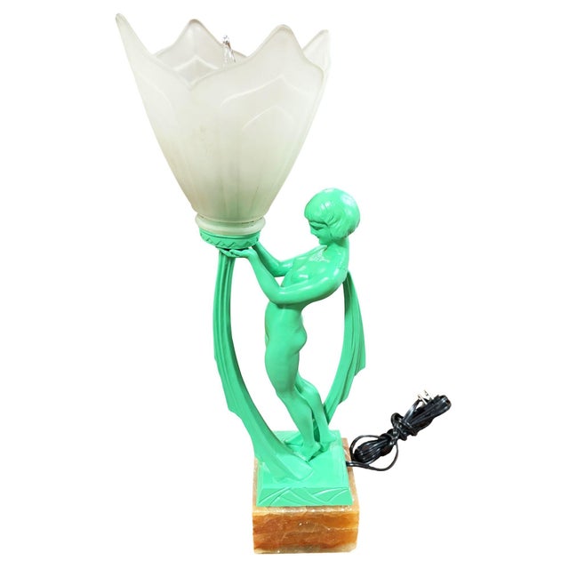 1930s French Green Spleter Metal Art Deco Style Biba Lamp on Marble by Jacques Limousin For Sale In Los Angeles - Image 6 of 9