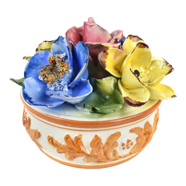Mid 20th Century Capodimonte Flower Lidded Bowl Trinket Box For Sale