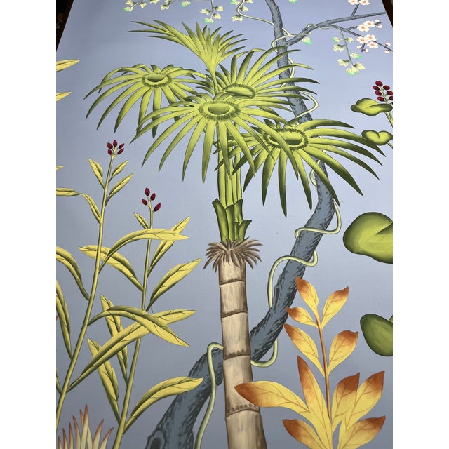 Paper Chinoiserie Tropical Hand-Painted Wallpaper Panels, Soft Blue Background With Floral & Palm Mural, Set of 6 For Sale - Image 7 of 7