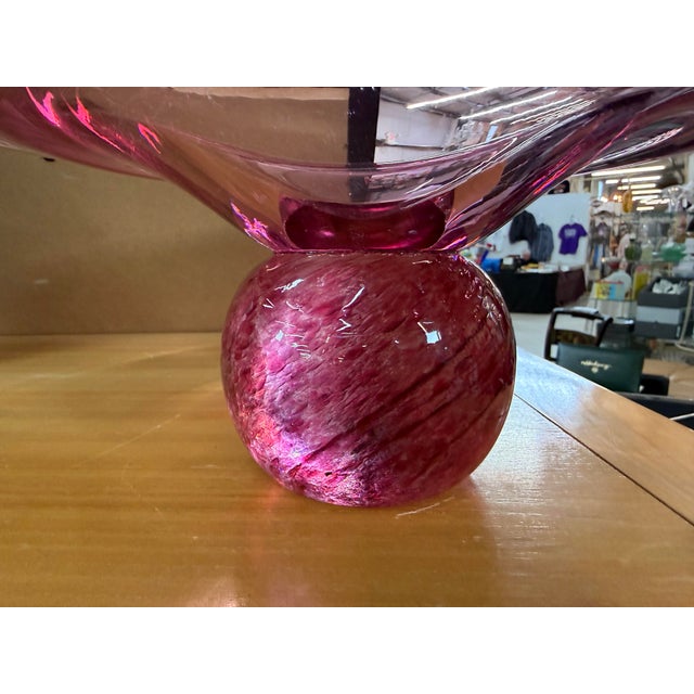 1414 Bohemia Signed Large Art Glass Bowl Pink 18in For Sale - Image 9 of 9