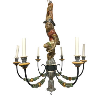 Mid 20th Century Large Italian Carved Wood Monkey Chandelier For Sale