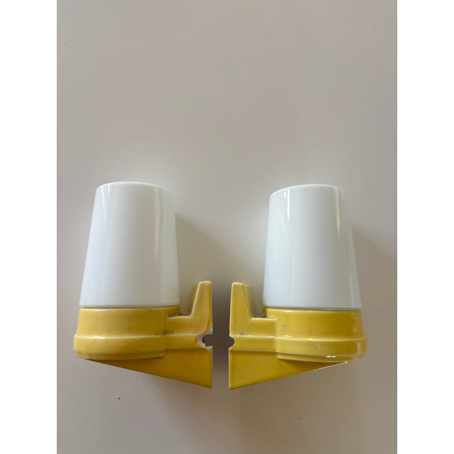 1960s Model 6070 Wall Lights in Yellow Porcelain and Opaline Glass by Sigvard Bernadotte for Ifö, 1960s, Set of 2 For Sale - Image 5 of 12