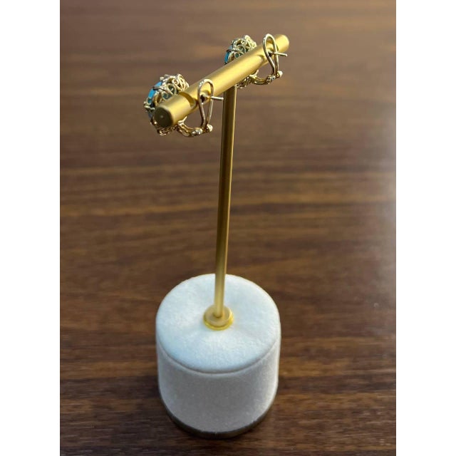 Blue Teal Turquoise Diamonds Halo Floral 14k Yellow Gold Statement Earrings - Set of 2 For Sale - Image 10 of 12