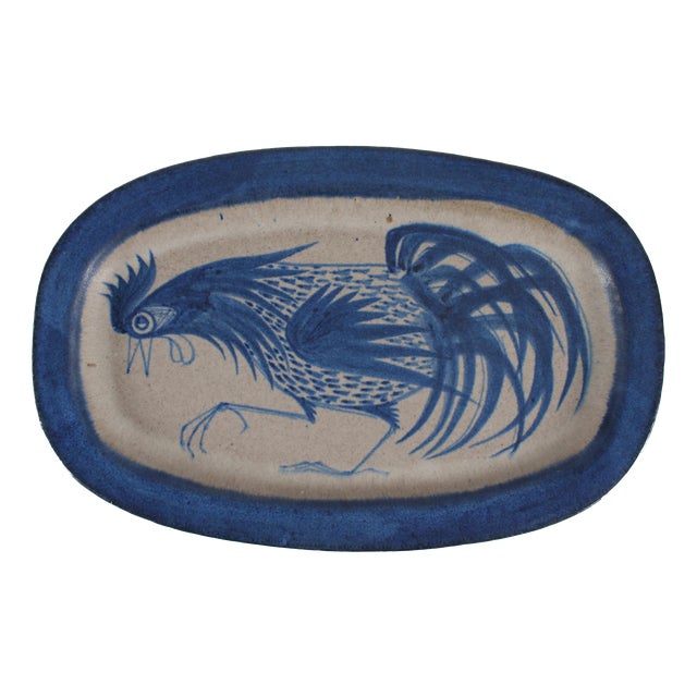 Large Mid-Century Danish Oblong Ceramic Decorative Platter in Blue and Grey from Thomas Toft, 1960s For Sale