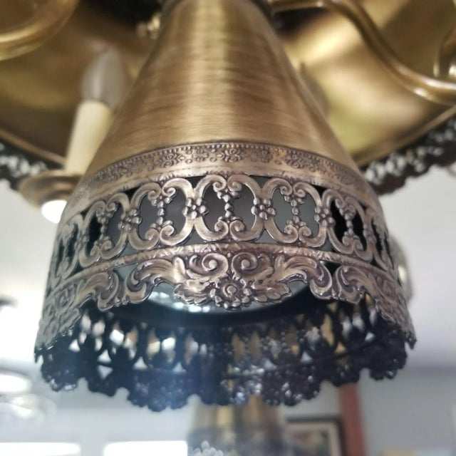 French Bouillotte Toleware Metal Swag Lamp 6 Candelabra Lights Mid 20th Century For Sale - Image 3 of 8