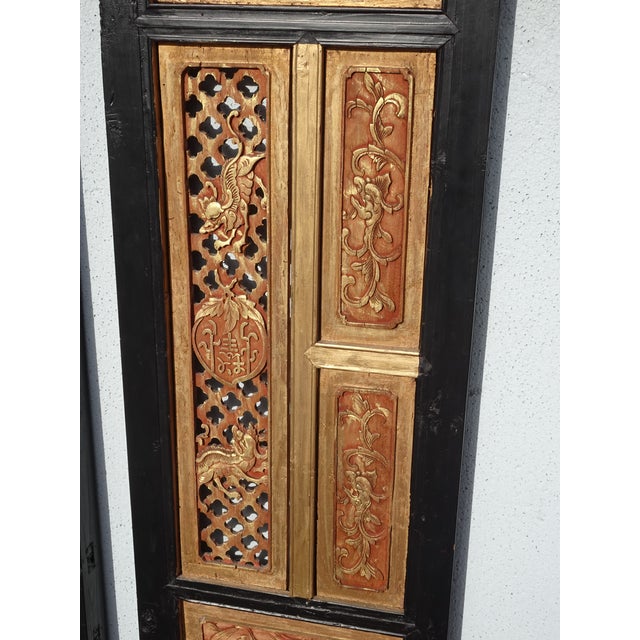1930s Pair Antique Chinese Hand Carved Gold & Red Panel Screens Pictures Wall Decor For Sale - Image 5 of 18