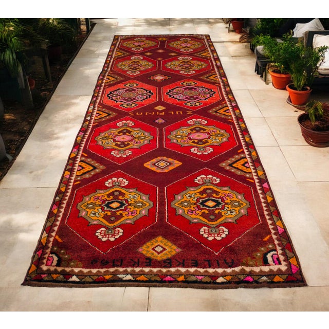 Tribal Vintage Hand-Knotted Turkish Area Rug Wide Hallway Rug Gallerie Runner Rug- 3′11″ X 12′6″ For Sale - Image 3 of 16