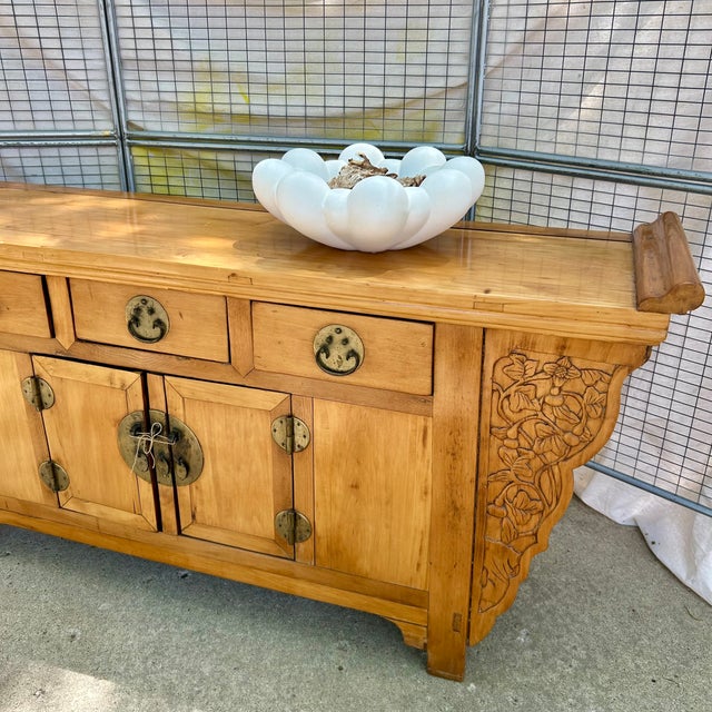 Chinese Late 20th Century Chinese Altar Cabinet in the Traditional Style — Elmwood With Original Brass Hardware, 73" For Sale - Image 3 of 12