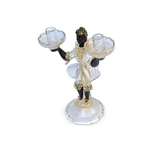 Italian, Vintage, 1950s, Barovier & Taso, Murano glass candleholder depicting a figure in 18th century attire holding up...