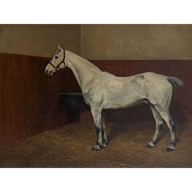 English 1891 “Grey Hunter in a Loose Box Stall” Antique Equestrian Horse Painting Oil on Canvas by Alfred Grenfell Haigh For Sale - Image 3 of 10