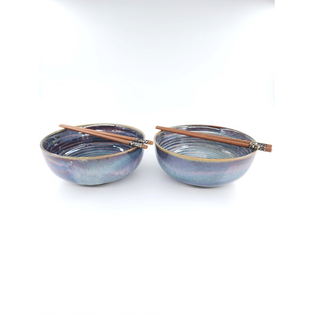 Set of Two 8" Hand-Glazed Bát Tràng Stoneware Ramen Bowls in Iridescent Indigo Color For Sale In New York - Image 6 of 6