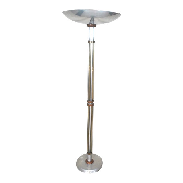 French Aluminum, Glass, and Copper Floor Lamp, 1940s For Sale