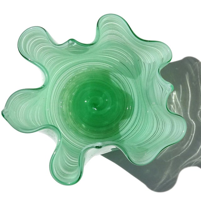 Mid 20th Century Murano Vintage Jade Green Threads and Gold Flecks Italian Art Glass Decorative Fazzoletto Vase For Sale - Image 5 of 8