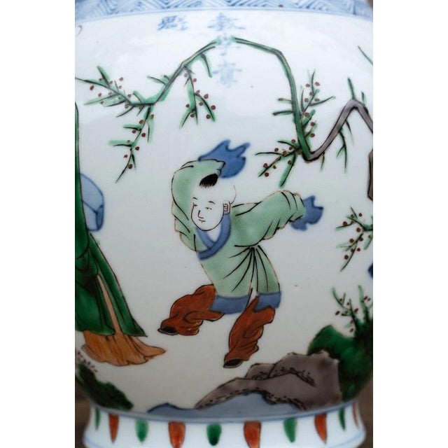 Blue 20th Century Chinese Wucai Porcelain Figural Vase with Scholars and Children For Sale - Image 8 of 18