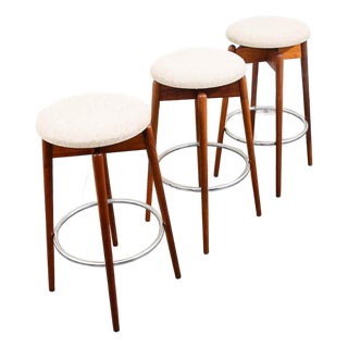 Mid Century Modern Bar Stools Set 3 Attributed to Albert Parvin Off White Solid Walnut Danish For Sale