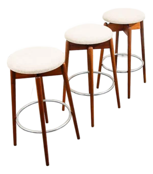 Mid Century Modern Bar Stools Set 3 Attributed to Albert Parvin Off White Solid Walnut Danish