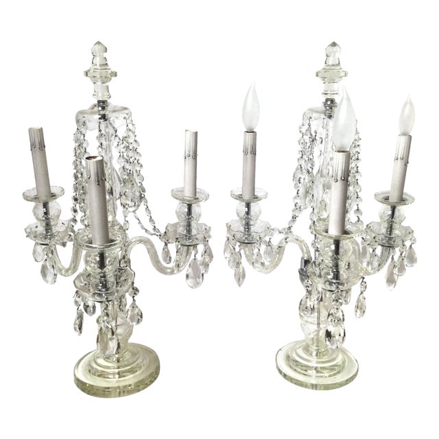 Mid 20th Century Cut Glass 3-Light Girandole Lamps - A Pair For Sale
