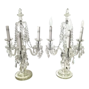 Mid 20th Century Cut Glass 3-Light Girandole Lamps - A Pair