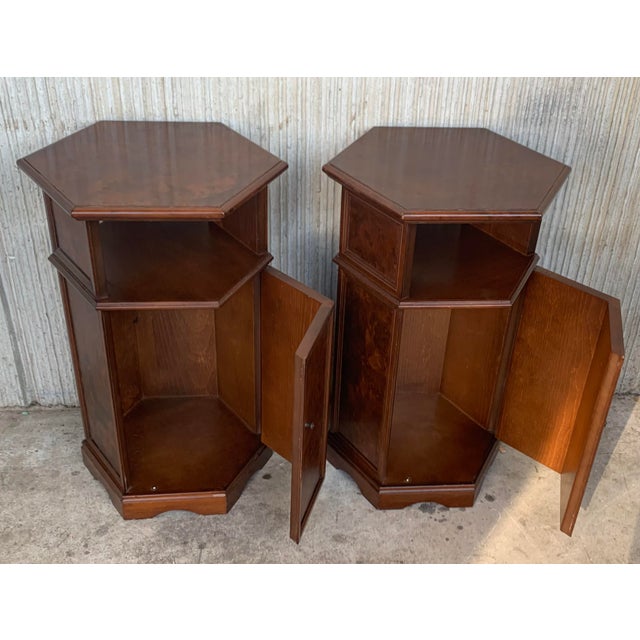 Brown 1900s Italian Hexagonal Pedestal Pilar Maple Cupboards End Tables - a Pair For Sale - Image 8 of 13