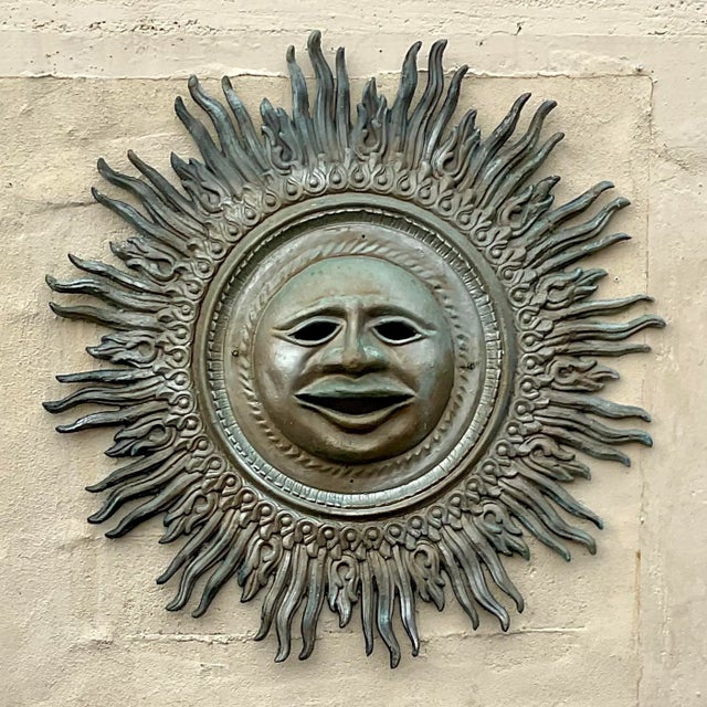 Vintage Boho Monumental Patinated Cast Aluminum Sun Wall Sculpture For Sale - Image 4 of 9