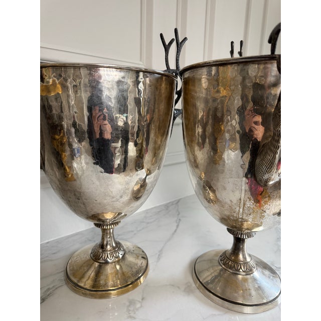 2000 - 2009 Pair of Hammered Metal Trophy Shaped Champagne Ice Bucket Wine Chiller Stag Head Handles 14"x13" & 13.75"x13" For Sale - Image 5 of 12