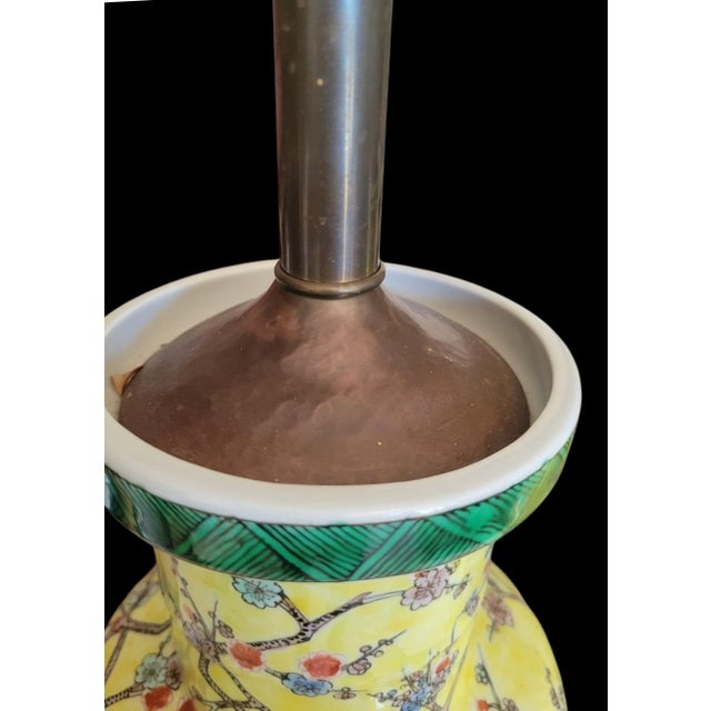 Ceramic Vintage Yellow Chinoiserie Cherry Blossom Tree Ceramic Table Lamps- A Pair For Sale - Image 7 of 10