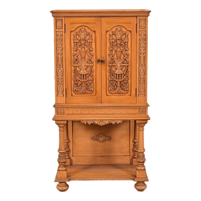 Antique Renaissance Revival Carved Oak Cupboard or Bar Cabinet, Circa 1920s For Sale