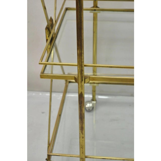 Mid Century Italian Modern 3 Tier Brass & Glass X-Frame Rolling Bar Cart Table For Sale - Image 9 of 12