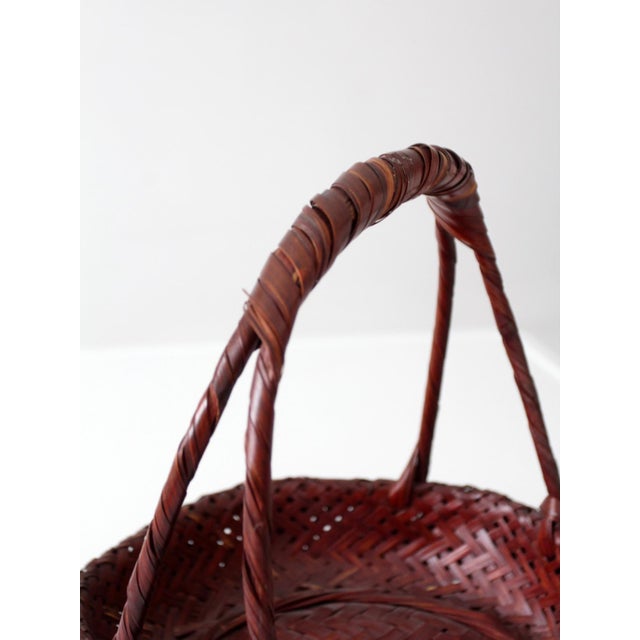 Vintage Hand-Woven Bamboo Basket With Wrapped Handle For Sale - Image 10 of 12