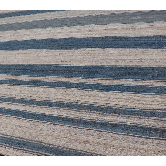 Flat-Weave Kilim Blue Rug by Keivan Woven Arts, Striped Design 8'8 X 12'0 For Sale In Atlanta - Image 6 of 12