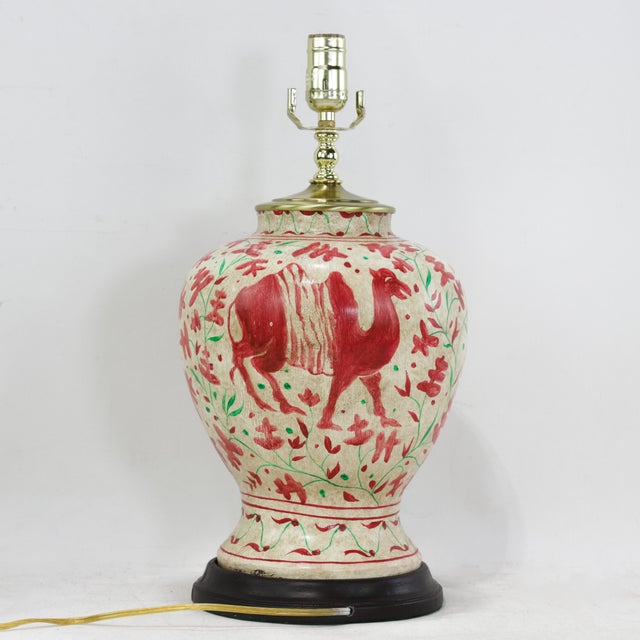 Pair of Vintage Brunschwig & Fils Cadiz Table Lamps - Red and Cream Ceramic With Elephant and Camel Motif For Sale In New York - Image 6 of 13