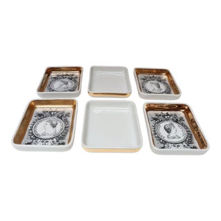 Set of Six Fornasetti Gilt Porcelain Profili Romani Roman Emperor Vide Poches For Sale