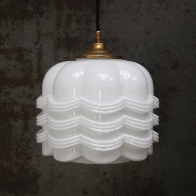 Vintage White Opaline Glass and Brass Pendant Lamp For Sale - Image 4 of 9