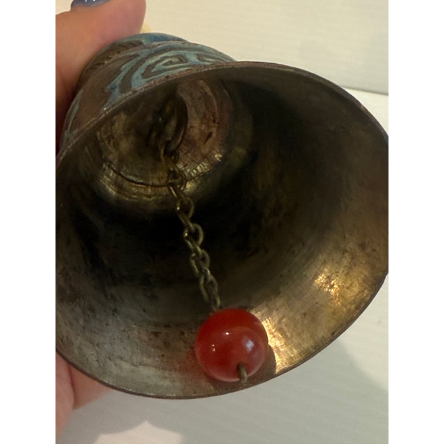Chinese Vintage Chinese Bronze Enamel Bell With Carved Figure – Turquoise & Black For Sale - Image 3 of 9