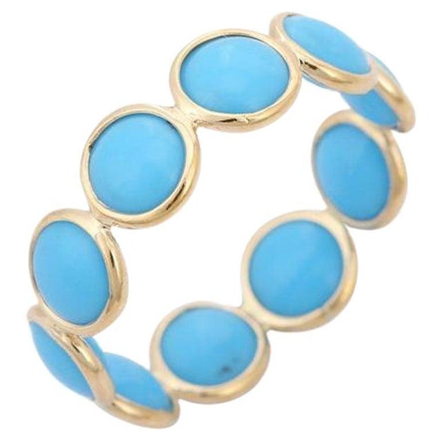 Round Shape Turquoise Gemstone Band Ring Size 5 For Sale - Image 4 of 6